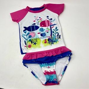 Nano Collection Two Piece Swimsuit Pink Blue Fish Ruffles size 24 months